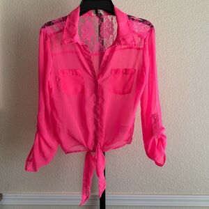 Women’s Juniors XL Hot Pink Sheer Blouse Long Sleeve Lace Back Tie Front Top